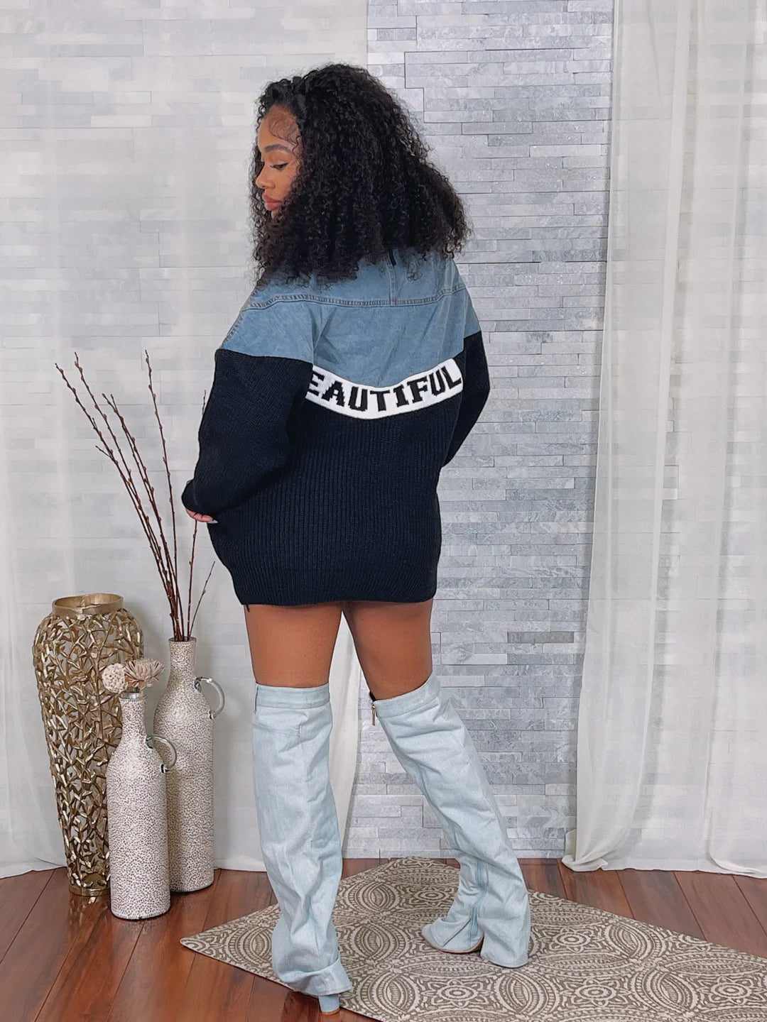 Edgy Chic Knit Contrast Denim Jacket