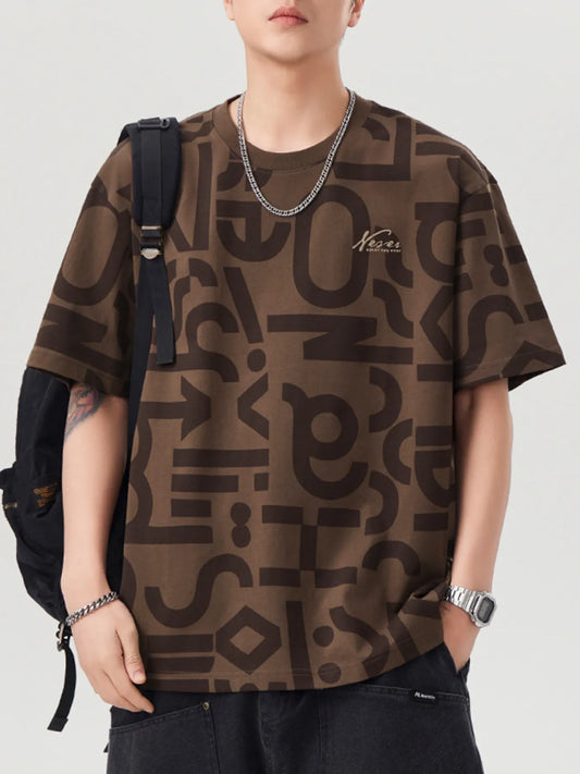 Person wearing a brown patterned t-shirt with a backpack on a white background