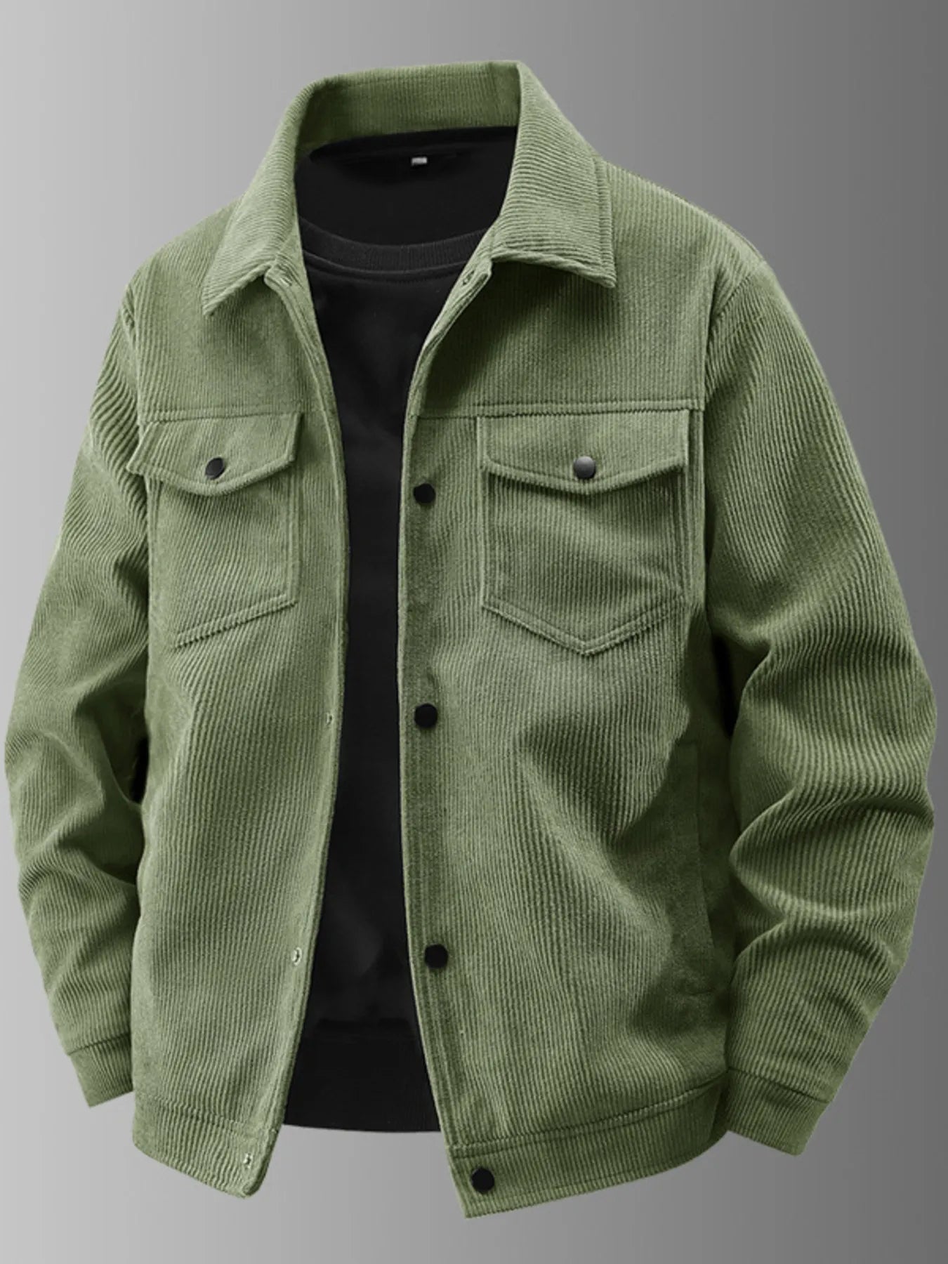 Green corduroy jacket on a gray background