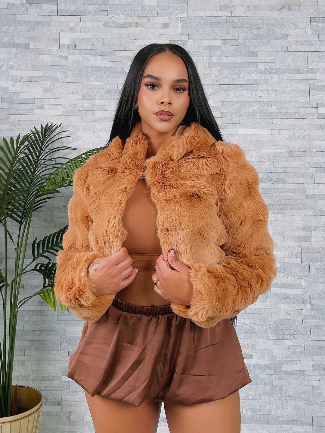 Woman wearing Faux fur jacket