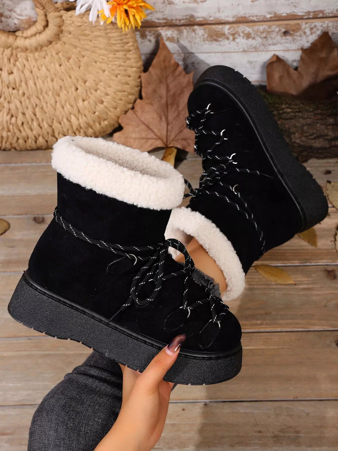 Woman’s hand holding black ankle boot with black shoestrings 