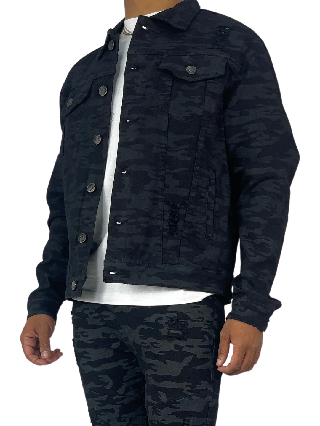 Man wearing black camo denim jacket