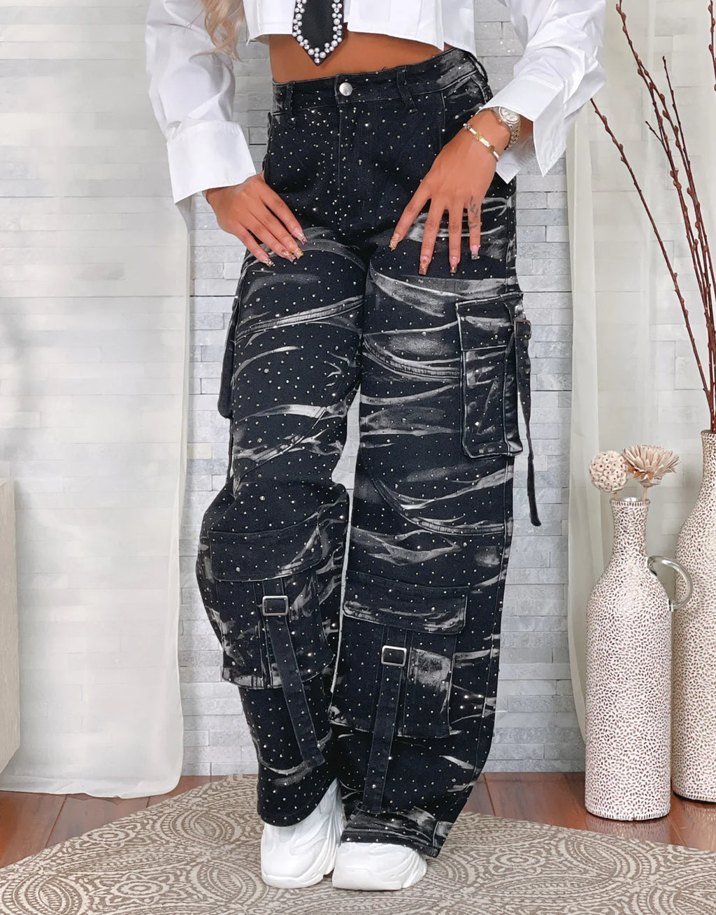 Maxed Out Rhinestone Cargo Jeans