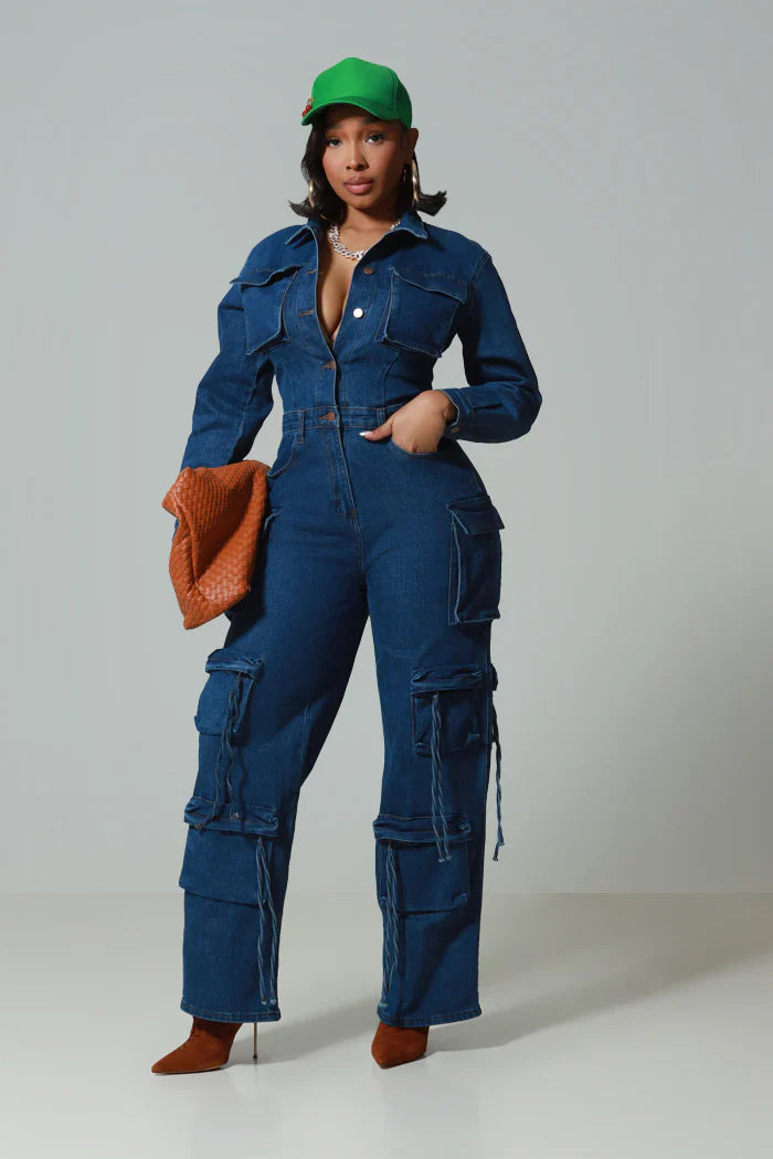 Suit Up Denim Cargo Jumpsuit