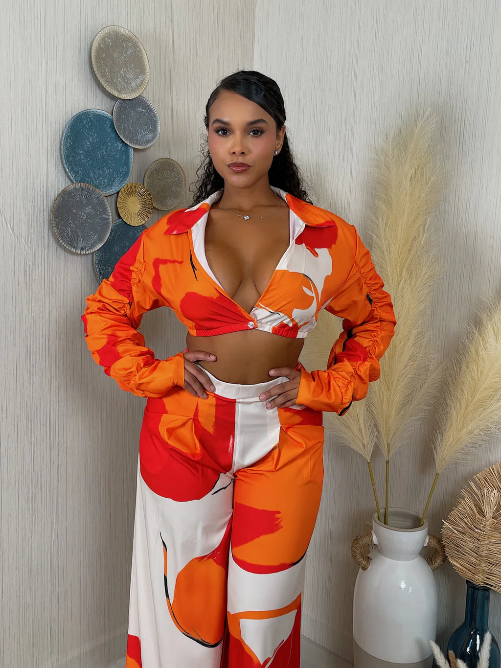 Vacay Baddie Ruched Print Pants Set