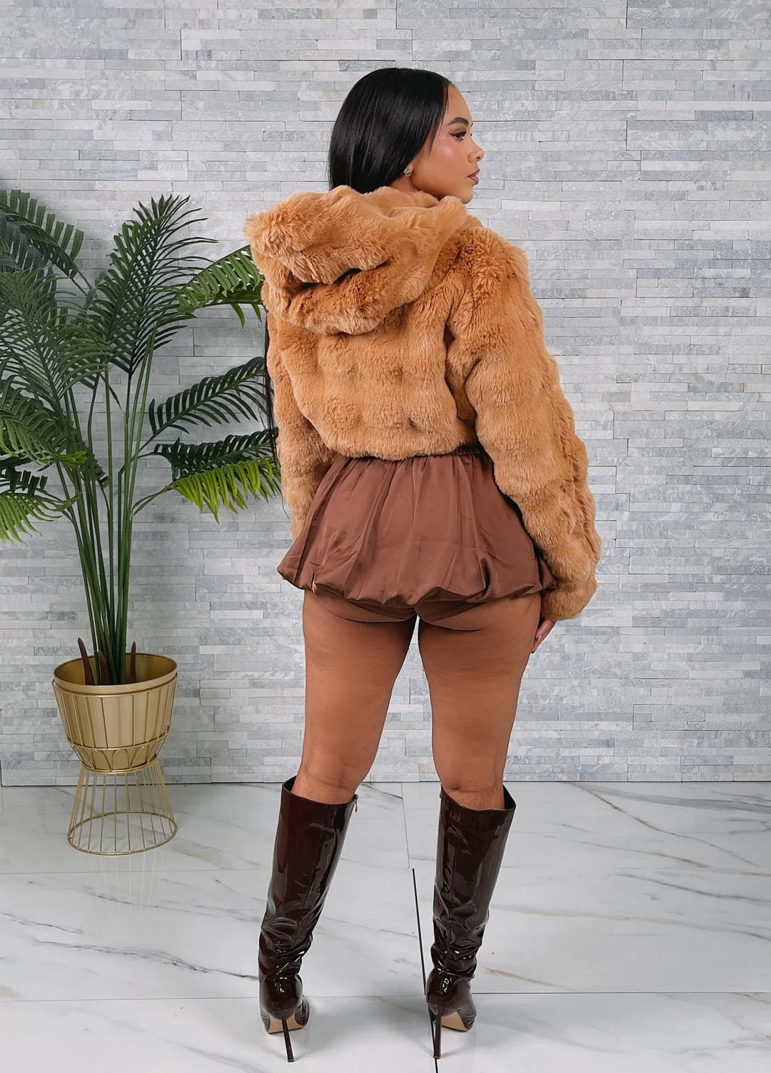 Fur Baby Faux Fur Hooded Crop Jacket