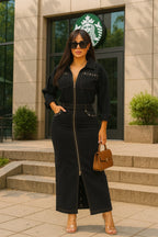 Fashionably Late Twill Long Sleeve Dress
