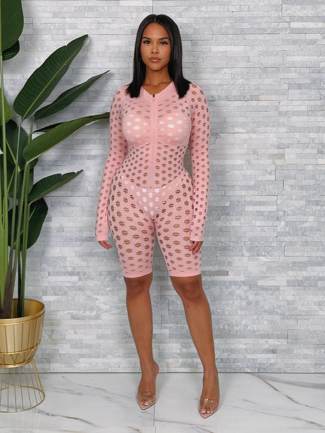 One & Only Fishnet Zip Up Romper