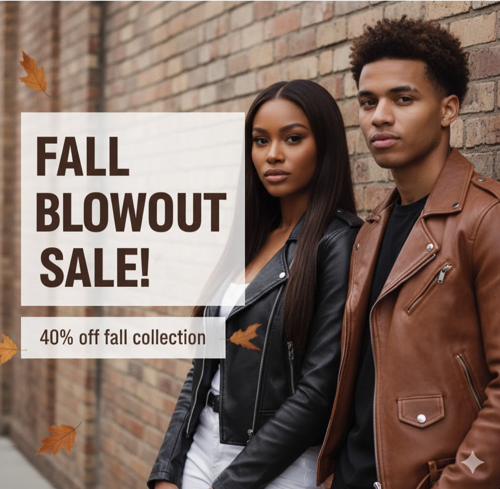 Two people wearing leather jackets with a 'Fall Blowout Sale' sign in the background.