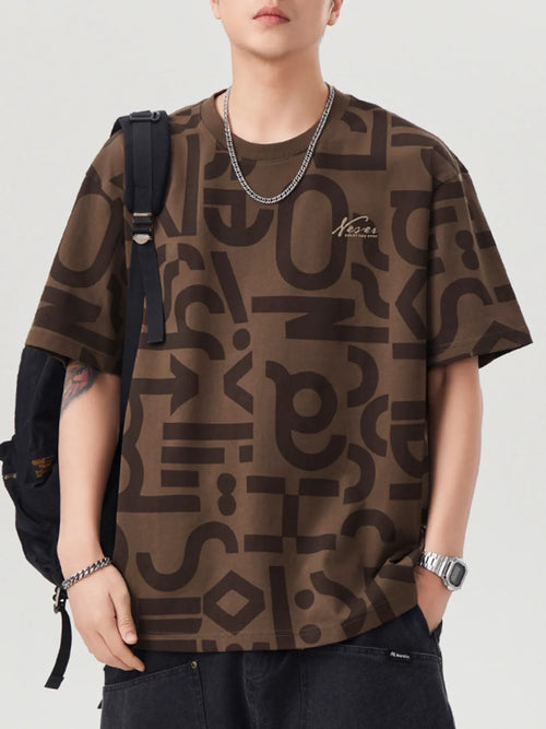 Person wearing a brown patterned t-shirt with a backpack on a white background